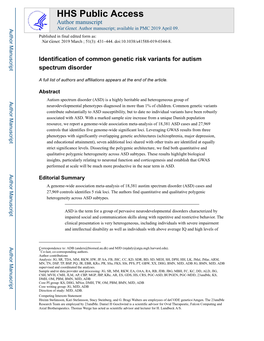 Identification of Common Genetic Risk Variants for Autism Spectrum Disorder