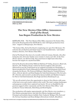 The New Mexico Film Office Announces End of the Road, Has Begun Production in New Mexico﻿
