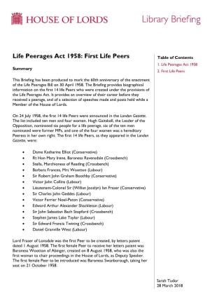 Life Peerages Act 1958: First Life Peers Table of Contents 1