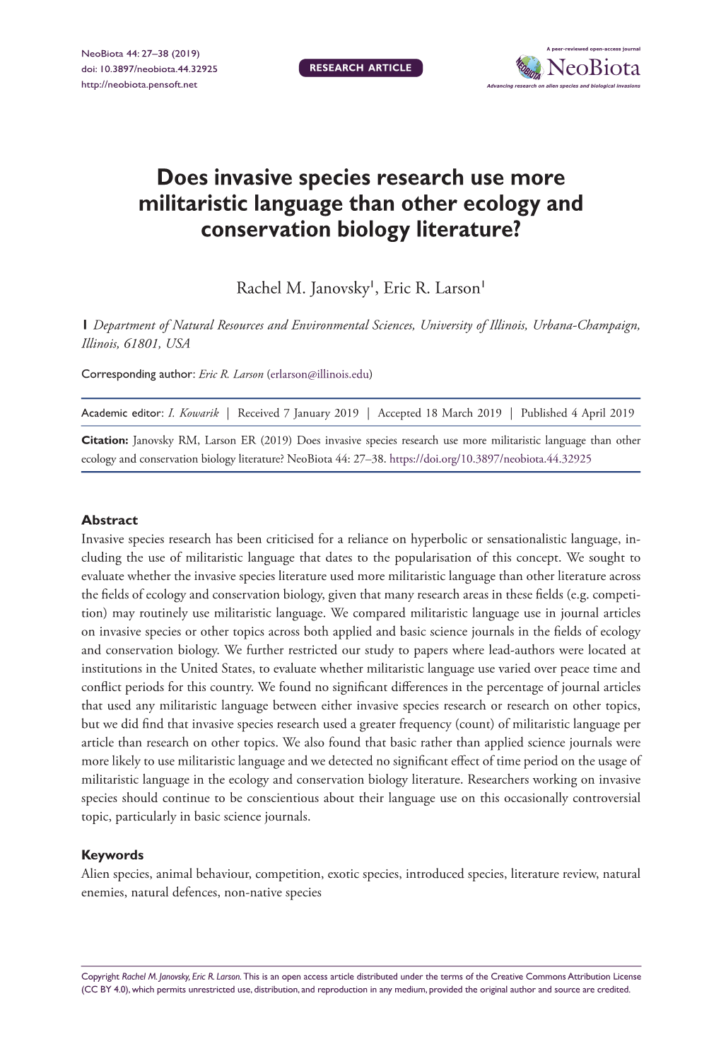 Does Invasive Species Research Use More Militaristic Language Than Other Ecology and Conservation Biology Literature?