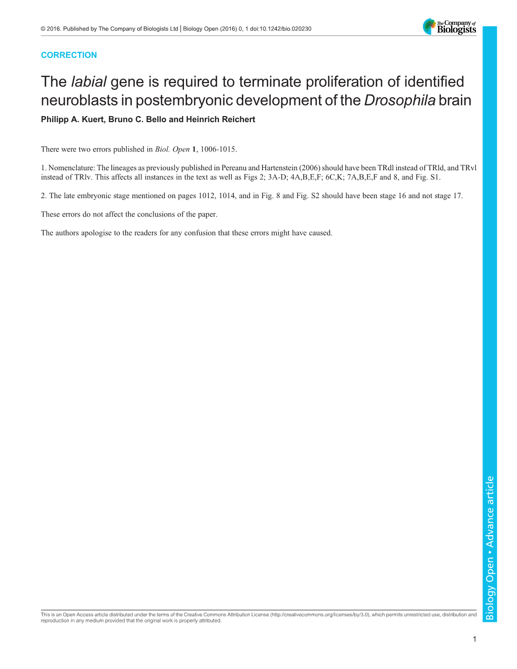 The Labial Gene Is Required to Terminate Proliferation of Identified Neuroblasts in Postembryonic Development of the Drosophila Brain Philipp A