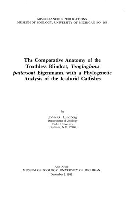 The Comparative Anatomy of the Toothless Blindcat, Trogloglanis Pattersoni Eigenmann, with a Phylogenetic Analysis of the Ictalurid Catfishes