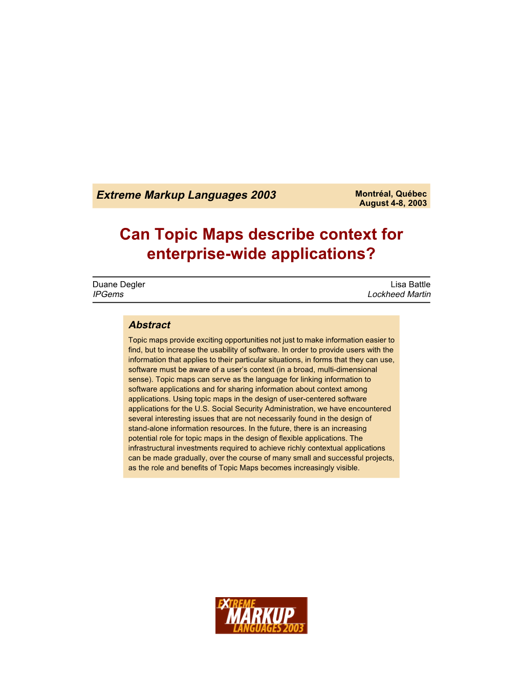 Can Topic Maps Describe Context for Enterprise-Wide Applications?