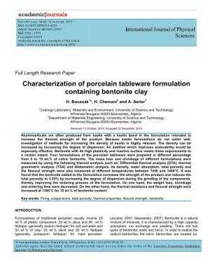 Characterization of Porcelain Tableware Formulation Containing Bentonite Clay