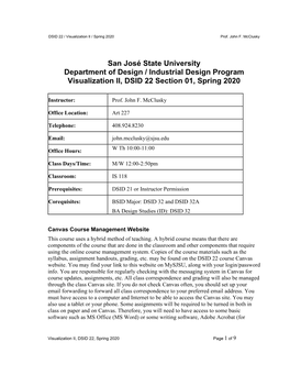 San José State University Department of Design / Industrial Design Program Visualization II, DSID 22 Section 01, Spring 2020