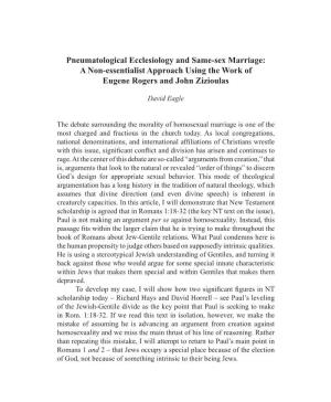 Pneumatological Ecclesiology and Same-Sex Marriage: a Non-Essentialist Approach Using the Work of Eugene Rogers and John Zizioulas