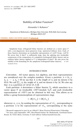 Stability of Schur Functors*