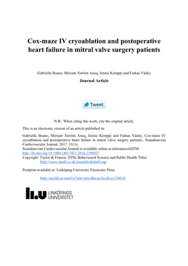 Cox-Maze IV Cryoablation and Postoperative Heart Failure in Mitral Valve Surgery Patients