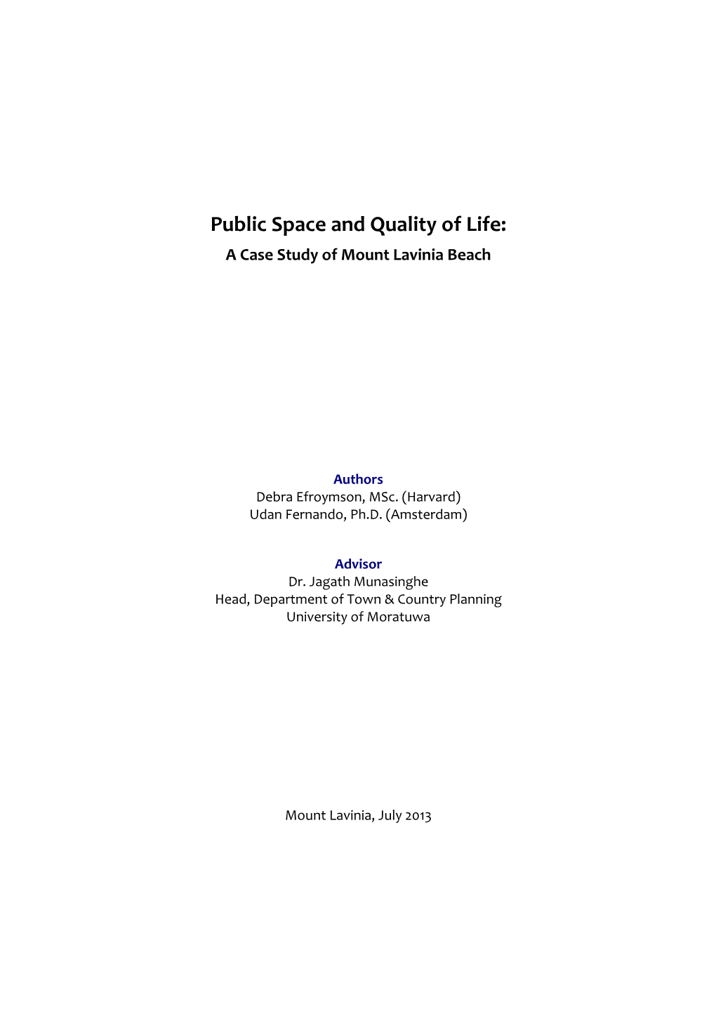 Public Space and Quality of Life: a Case Study of Mount Lavinia Beach