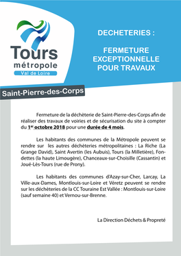 DECHETERIES : FERMETURE EXCEPTIONNELLE POUR TRAVAUX Saint-Pierre-Des-Corps