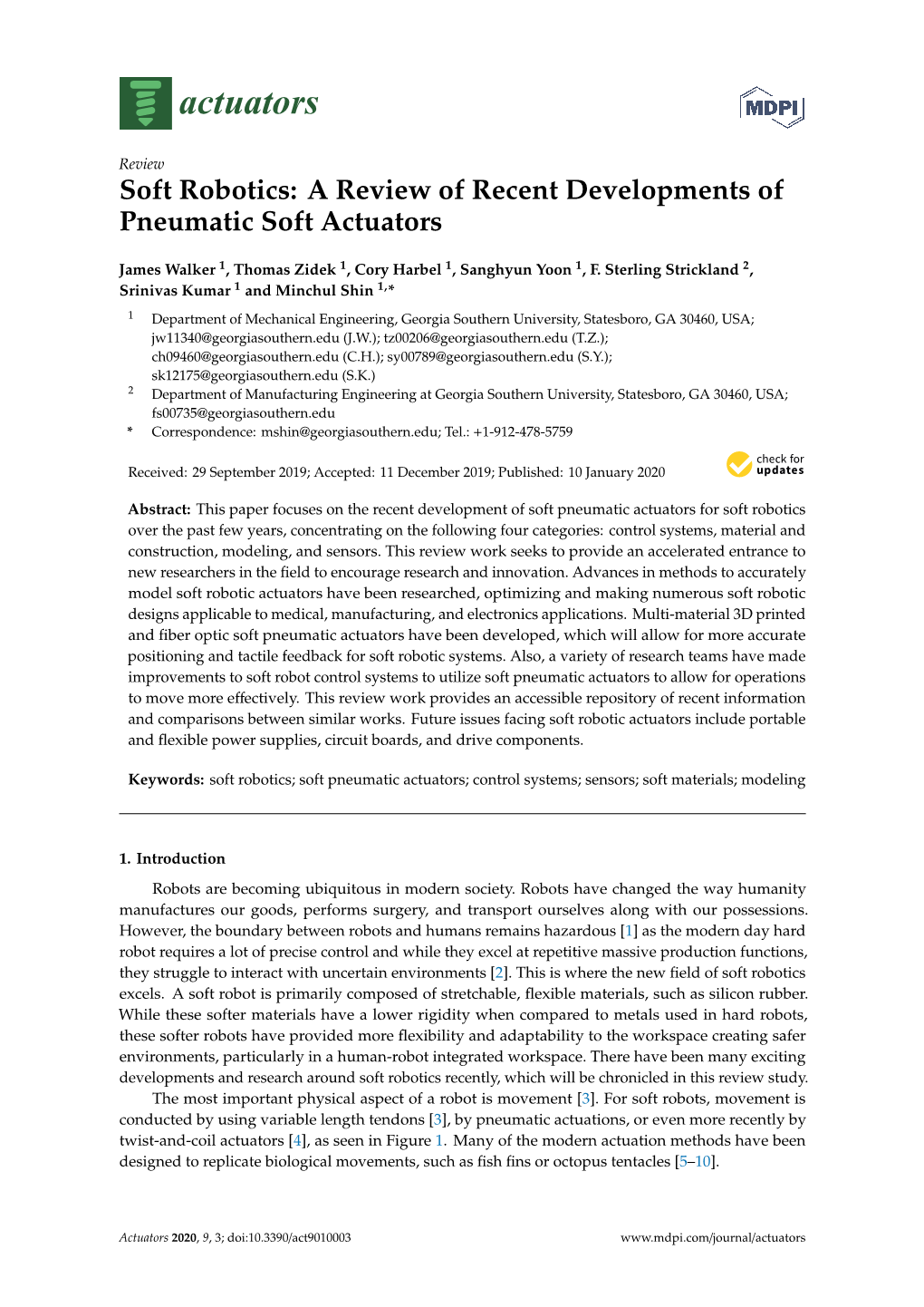 Soft Robotics: a Review of Recent Developments of Pneumatic Soft Actuators