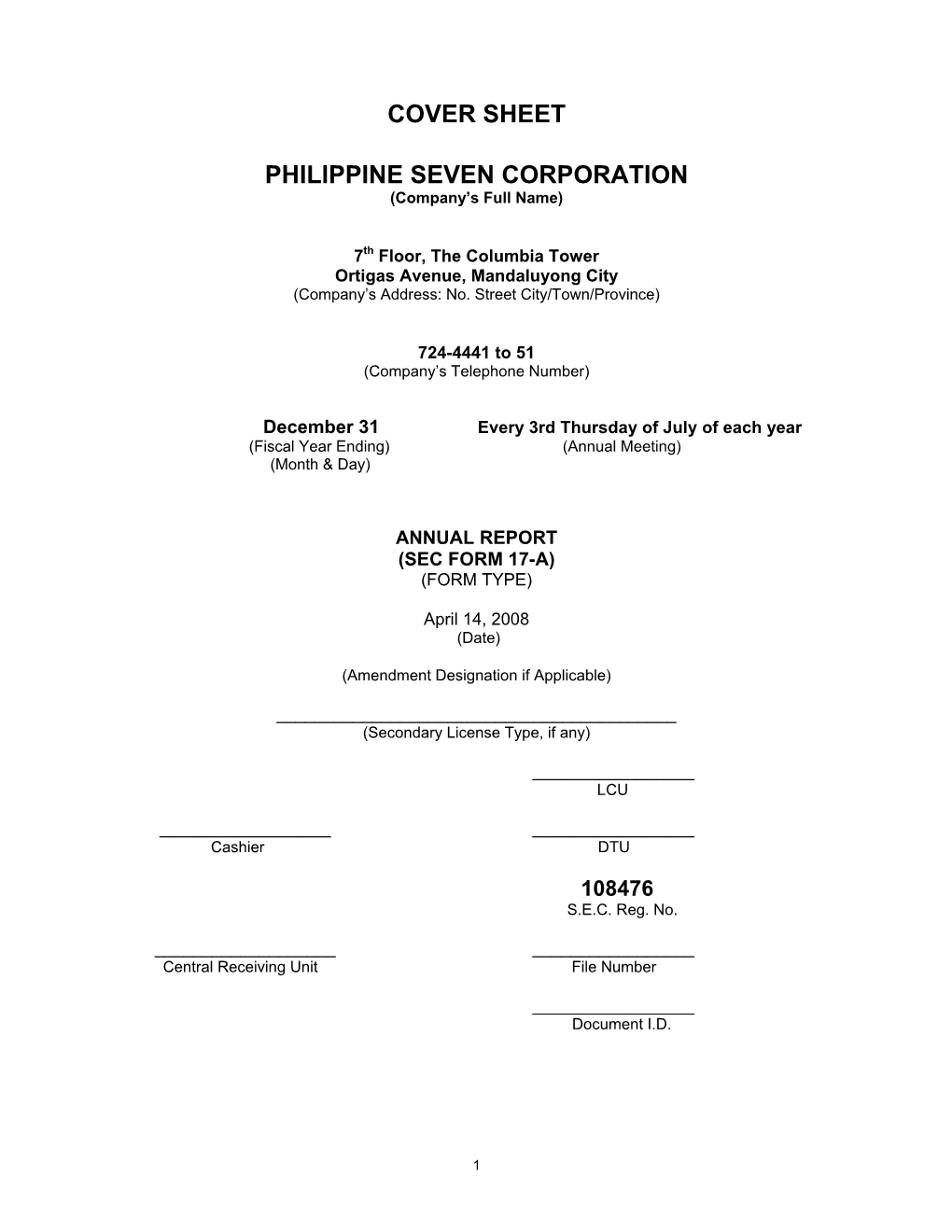 Cover Sheet Philippine Seven Corporation