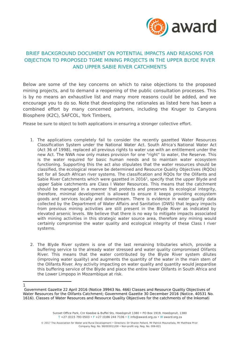 Brief Background Document on Potential Impacts and Reasons for Objection to Proposed Tgme Mining Projects in the Upper Blyde River and Upper Sabie River Catchments