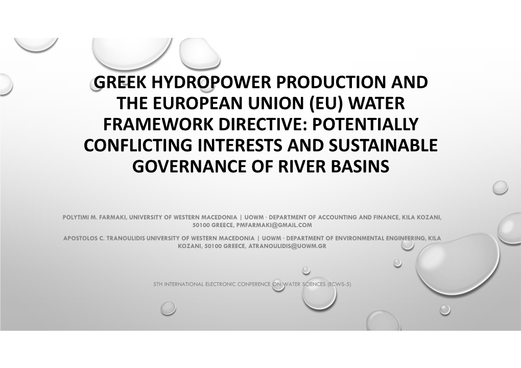 Greek Hydropower Production and the European Union (Eu) Water Framework Directive: Potentially Conflicting Interests and Sustainable Governance of River Basins