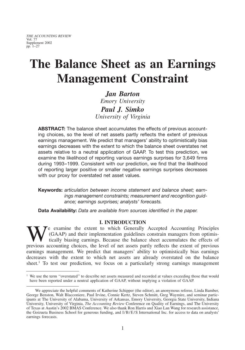 The Balance Sheet As an Earnings Management Constraint Jan Barton Emory University Paul J