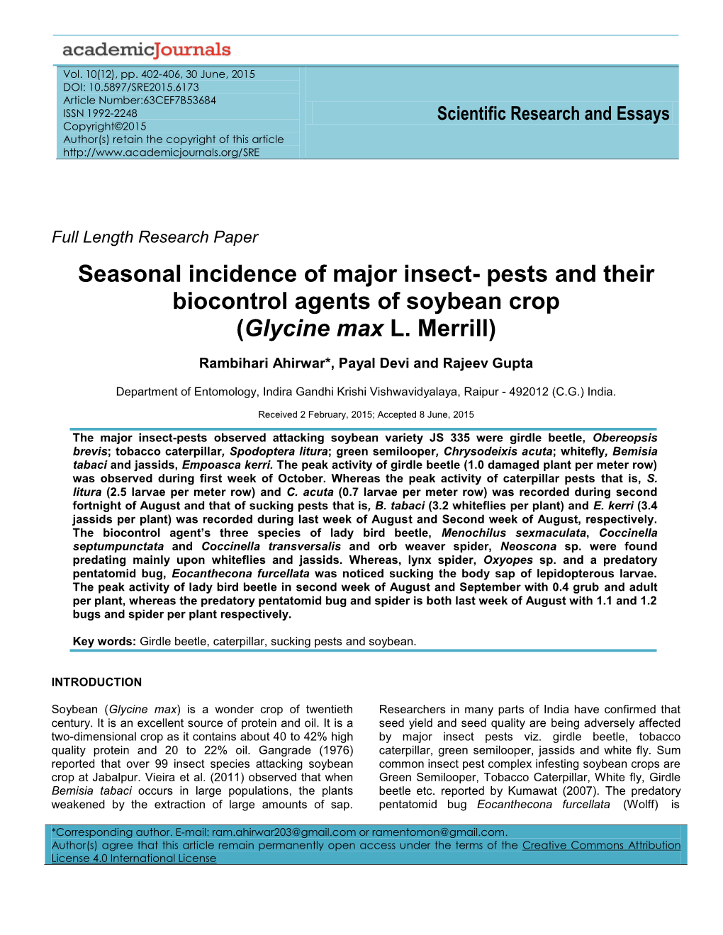 Seasonal Incidence of Major Insect- Pests and Their Biocontrol Agents of Soybean Crop (Glycine Max L