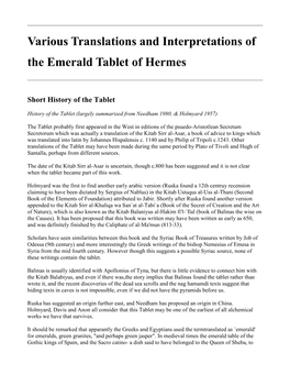 Various Translations and Interpretations of the Emerald Tablet of Hermes