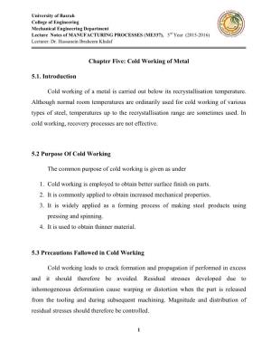 Chapter Five: Cold Working of Metal 5.1. Introduction Cold Working of A
