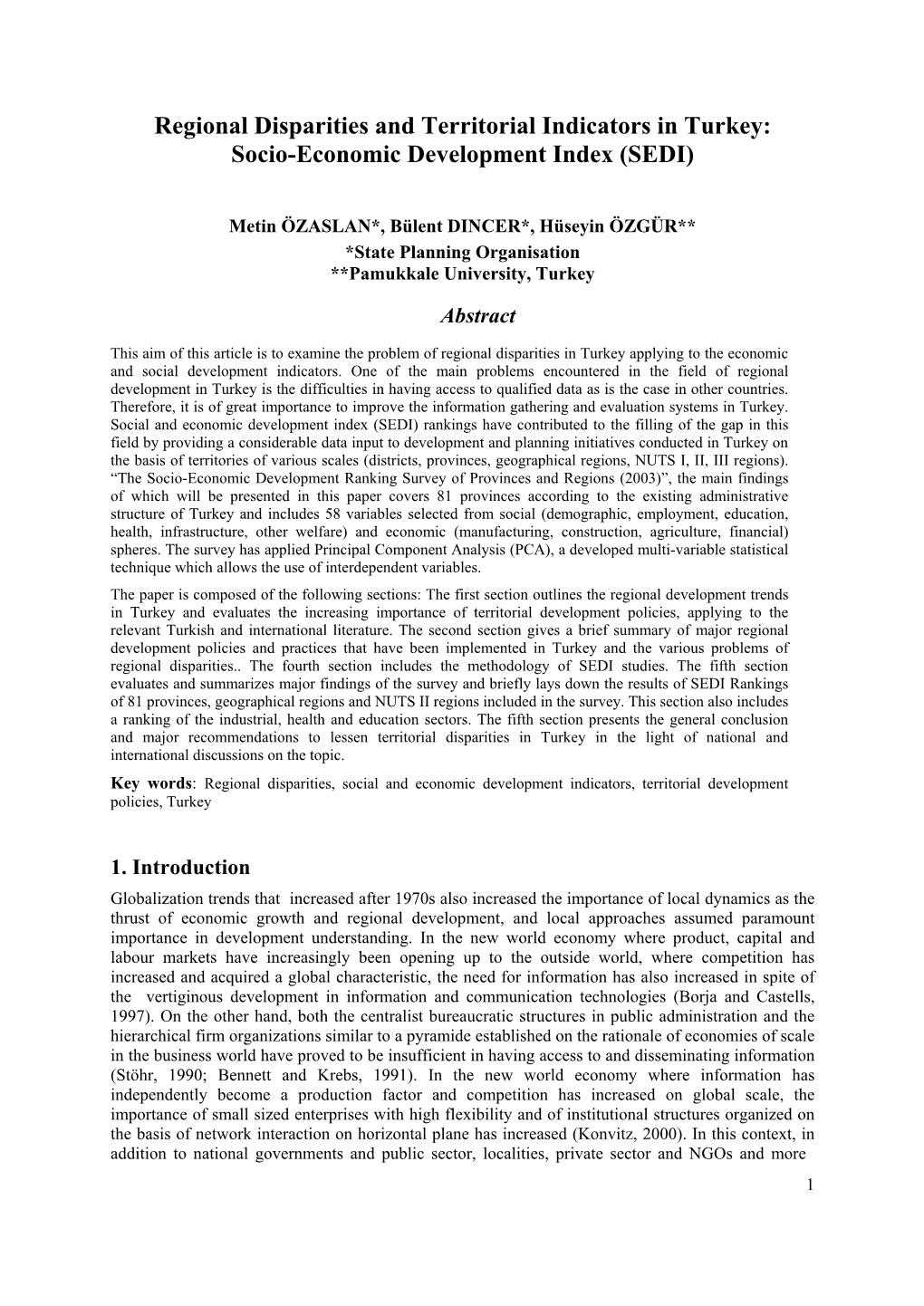 Regional Disparities and Territorial Indicators in Turkey: Socio-Economic Development Index (SEDI)