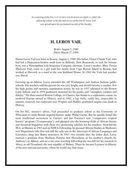H. Leroy Vail Was Spread Upon the Permanent Records of the Faculty