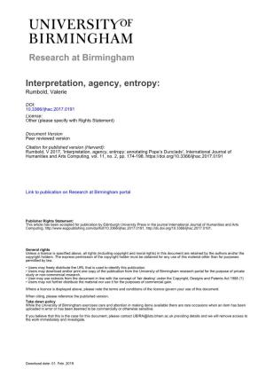 Interpretation, Agency, Entropy: Rumbold, Valerie
