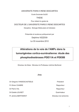 Altérations De La Voie De L'ampc Dans La Tumorigénèse Cortico-Surrénalienne: Étude Des Phosphodiestérases PDE11A Et PDE8B