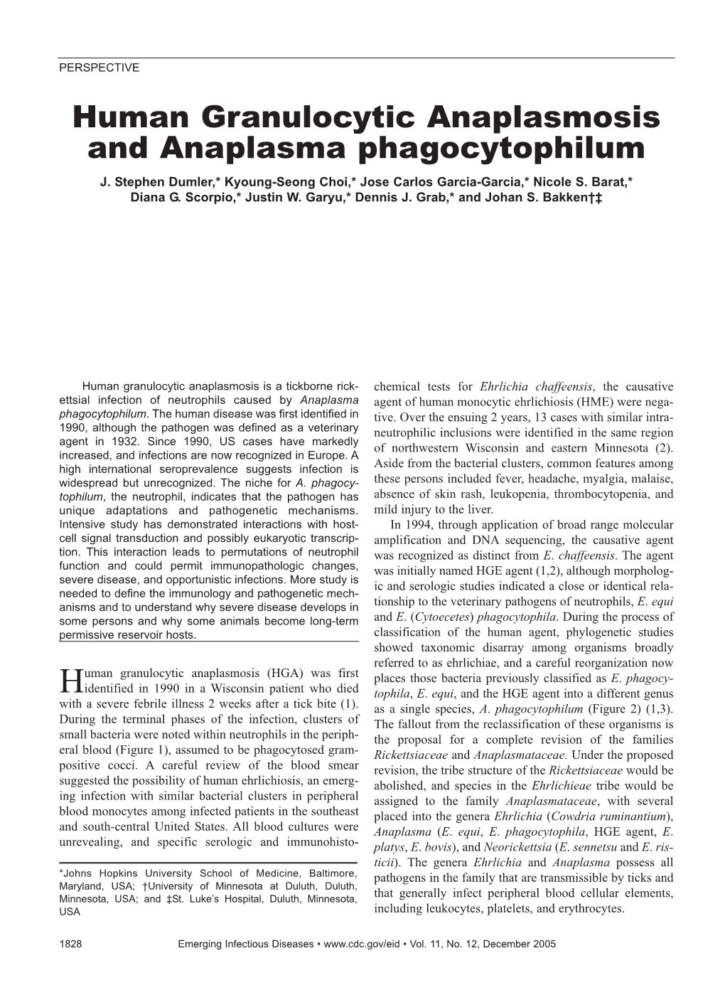 Human Granulocytic Anaplasmosis and Anaplasma Phagocytophilum J