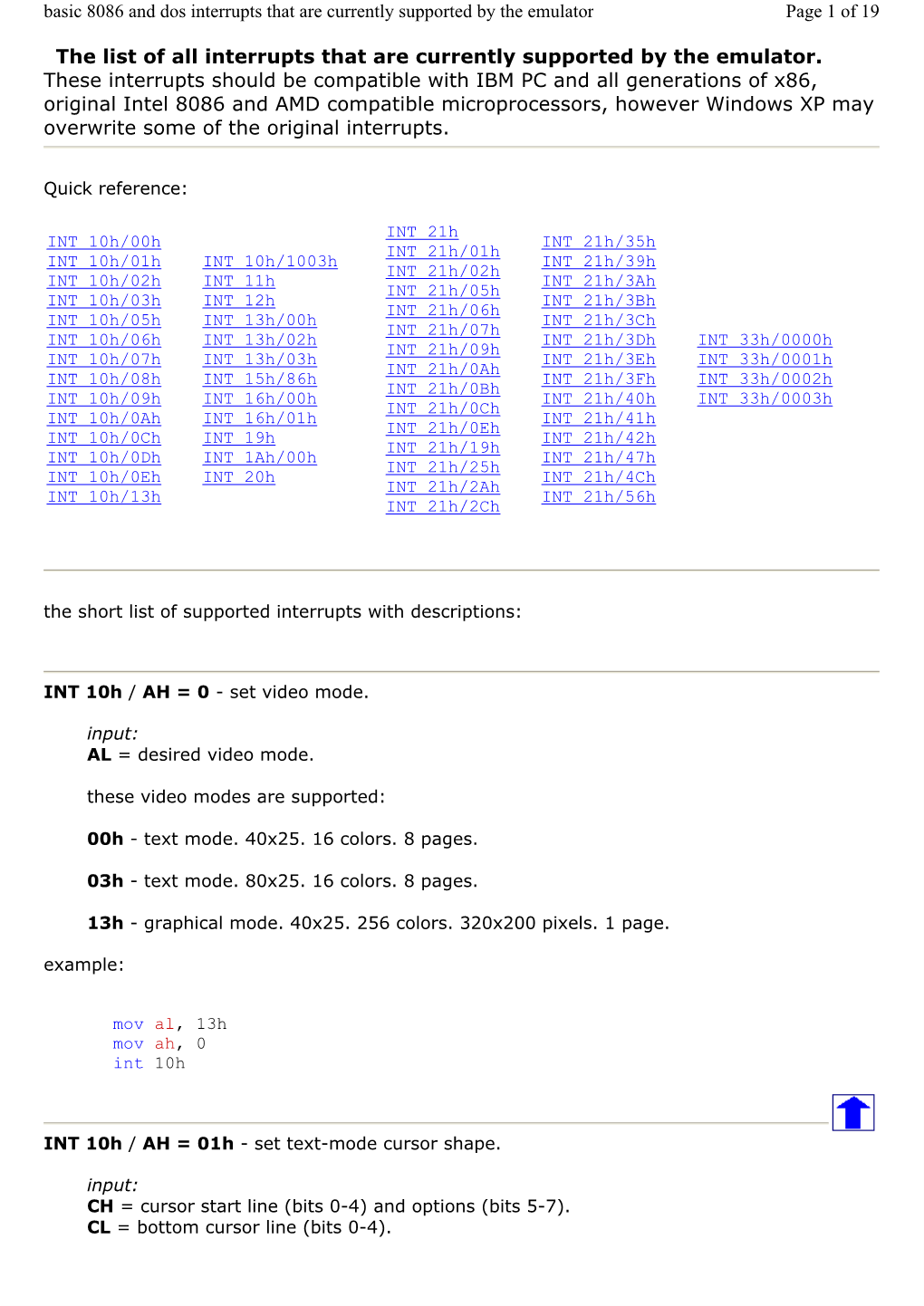 The List of All Interrupts That Are Currently Supported by the Emulator