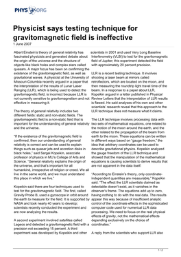 Physicist Says Testing Technique for Gravitomagnetic Field Is Ineffective 1 June 2007