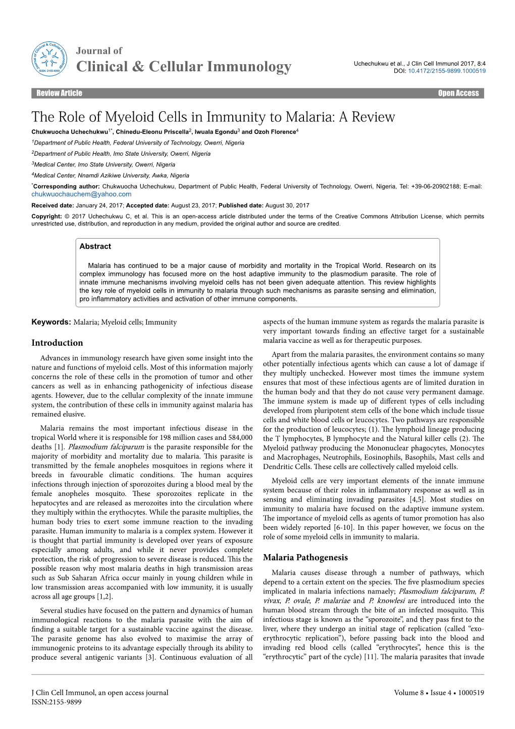 The Role of Myeloid Cells in Immunity to Malaria