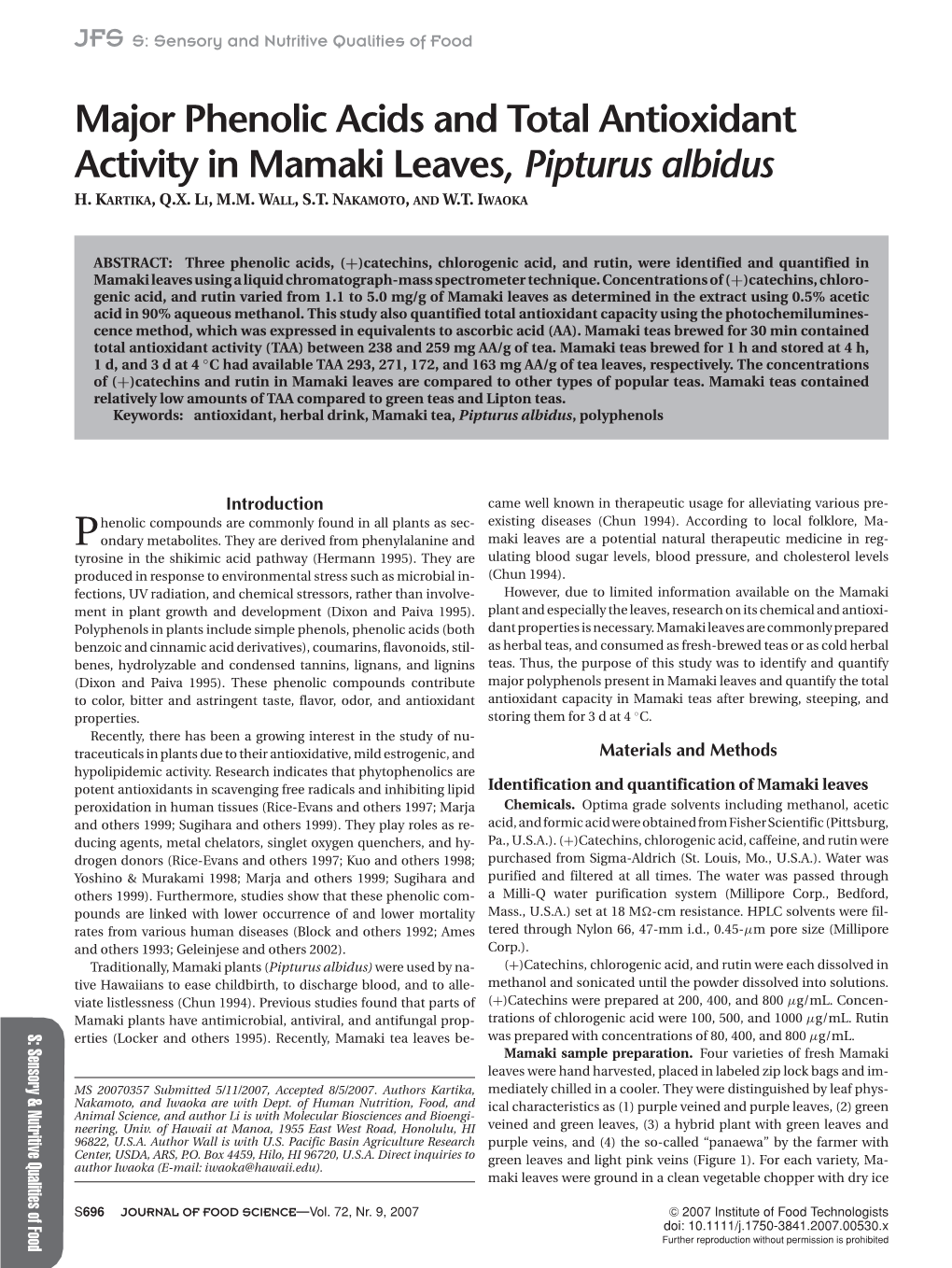 Major Phenolic Acids and Total Antioxidant Activity in Mamaki