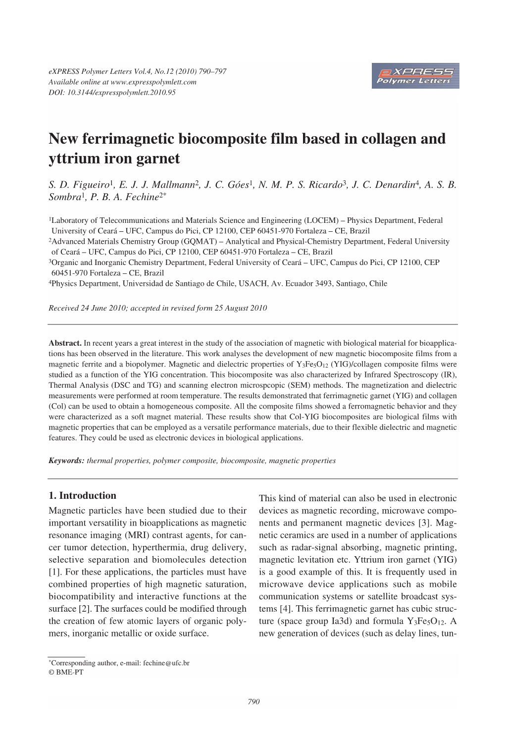 New Ferrimagnetic Biocomposite Film Based in Collagen and Yttrium Iron Garnet