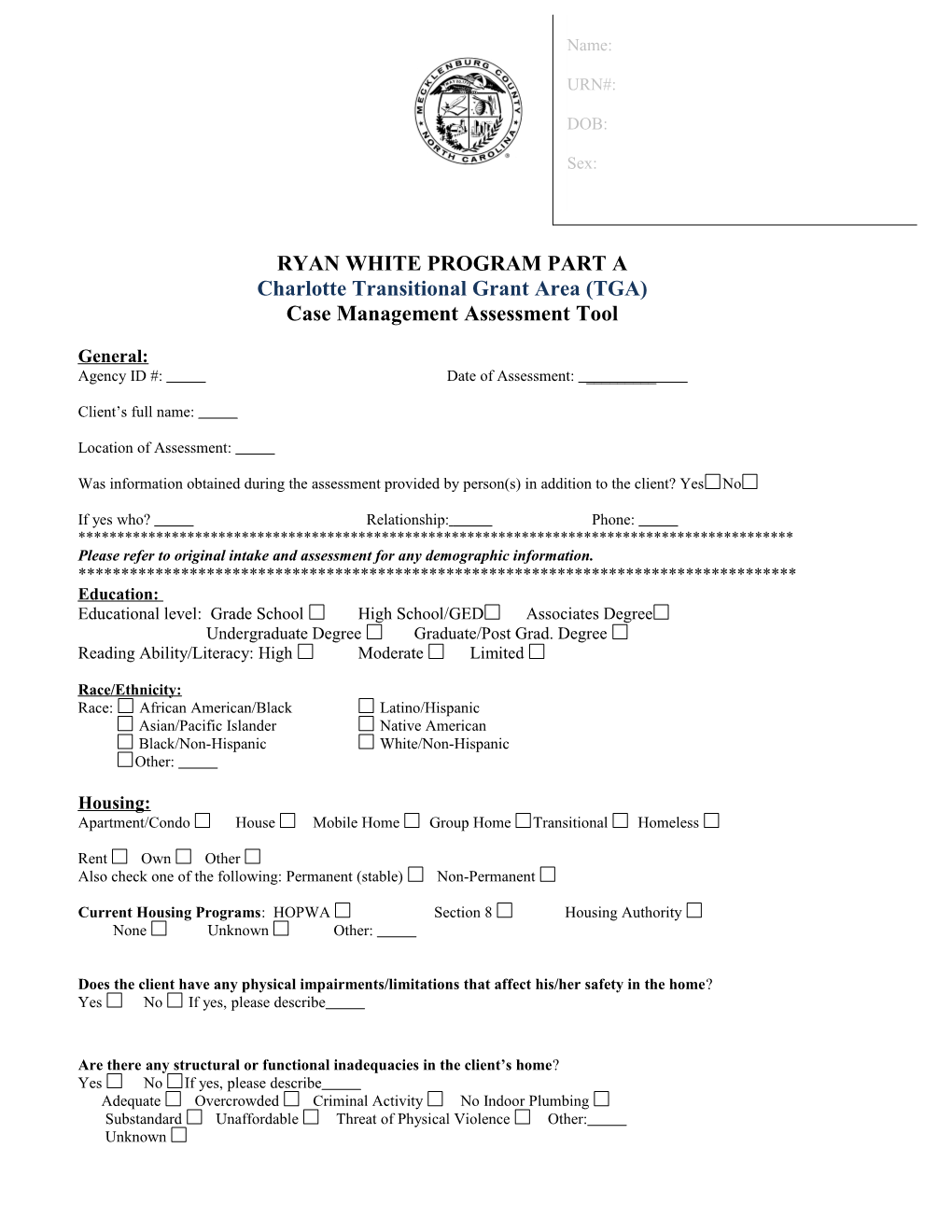 Case Management Assessment Form