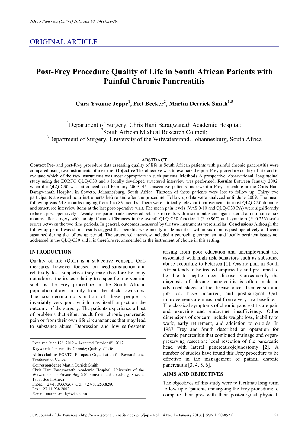 Post-Frey Procedure Quality of Life in South African Patients with Painful Chronic Pancreatitis