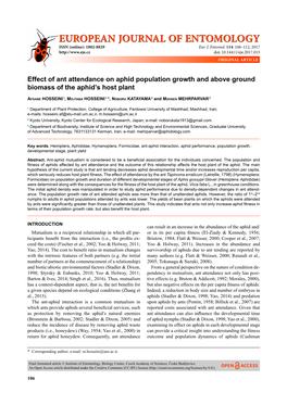 Effect of Ant Attendance on Aphid Population Growth and Above Ground Biomass of the Aphid’S Host Plant