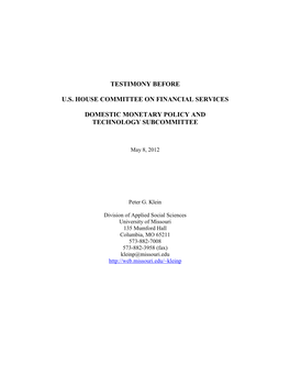 Testimony Before U.S. House Committee on Financial