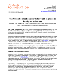 The Vilcek Foundation Awards $250,000 in Prizes to Immigrant Scientists Vishva M