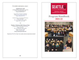 Program Handbook Criminal Justice, Criminology & Forensics Seattle University 901 12Th Avenue/P.O
