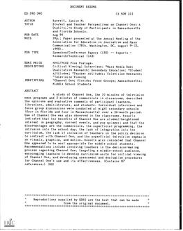 Student and Teacher Perspectives on Channel One: a Qualitsi:.Je Study of Participants in Massachusetts and Florida Schools