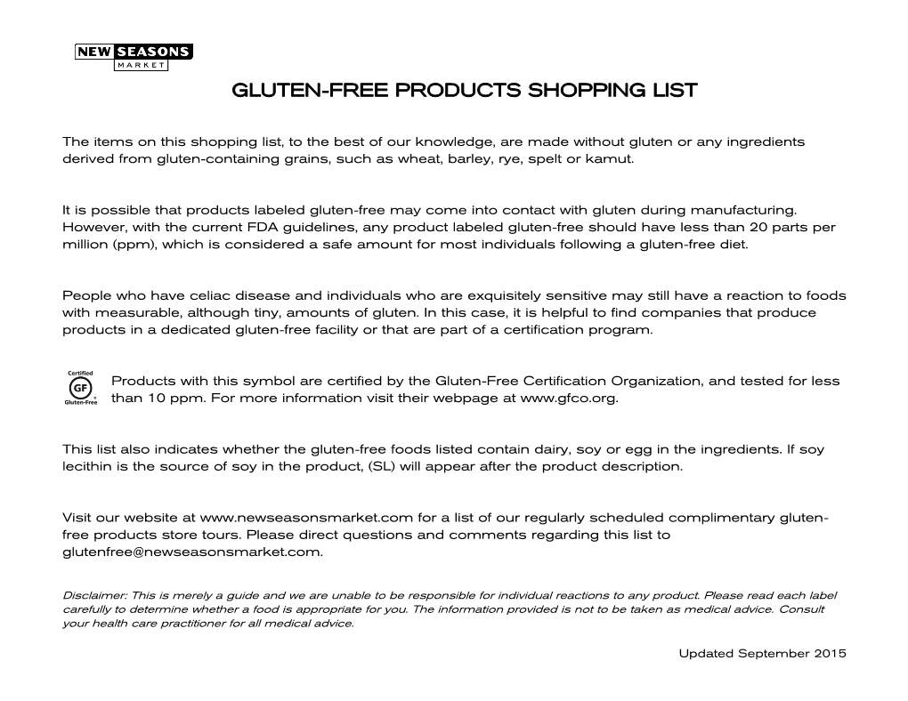 Gluten-Free Products Shopping List