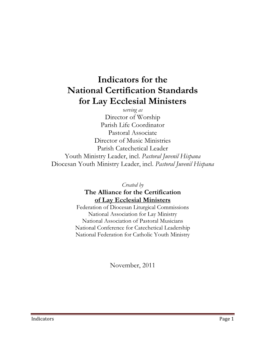 Indicators for the National Certification Standards for Lay Ecclesial