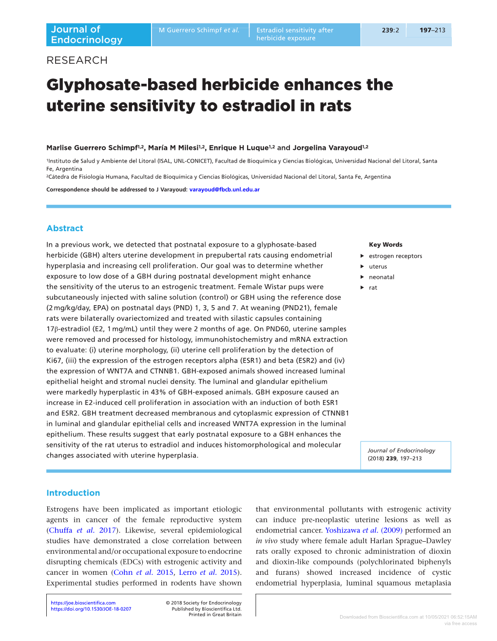 Glyphosate-Based Herbicide Enhances the Uterine Sensitivity to Estradiol in Rats