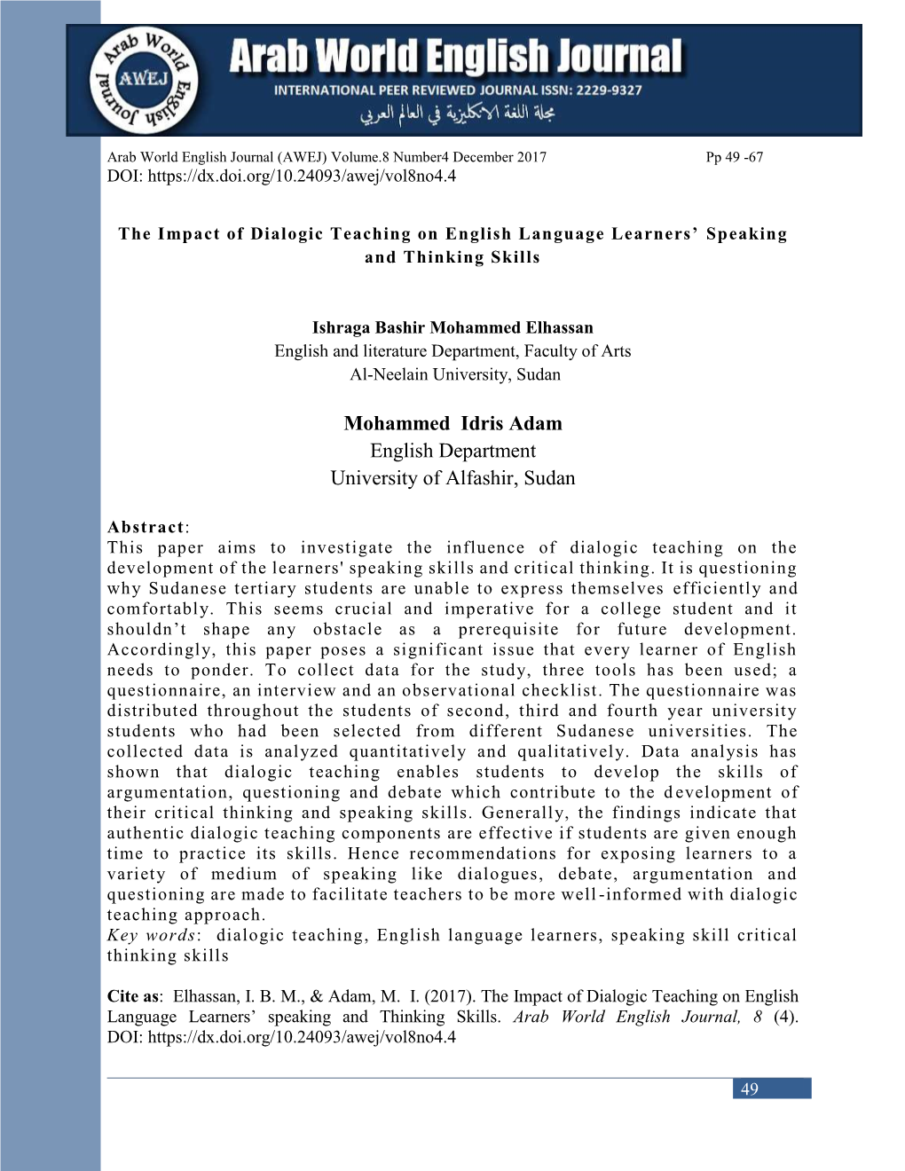 The Impact of Dialogic Teaching on English Language Learners' Speaking and Thinking Skills