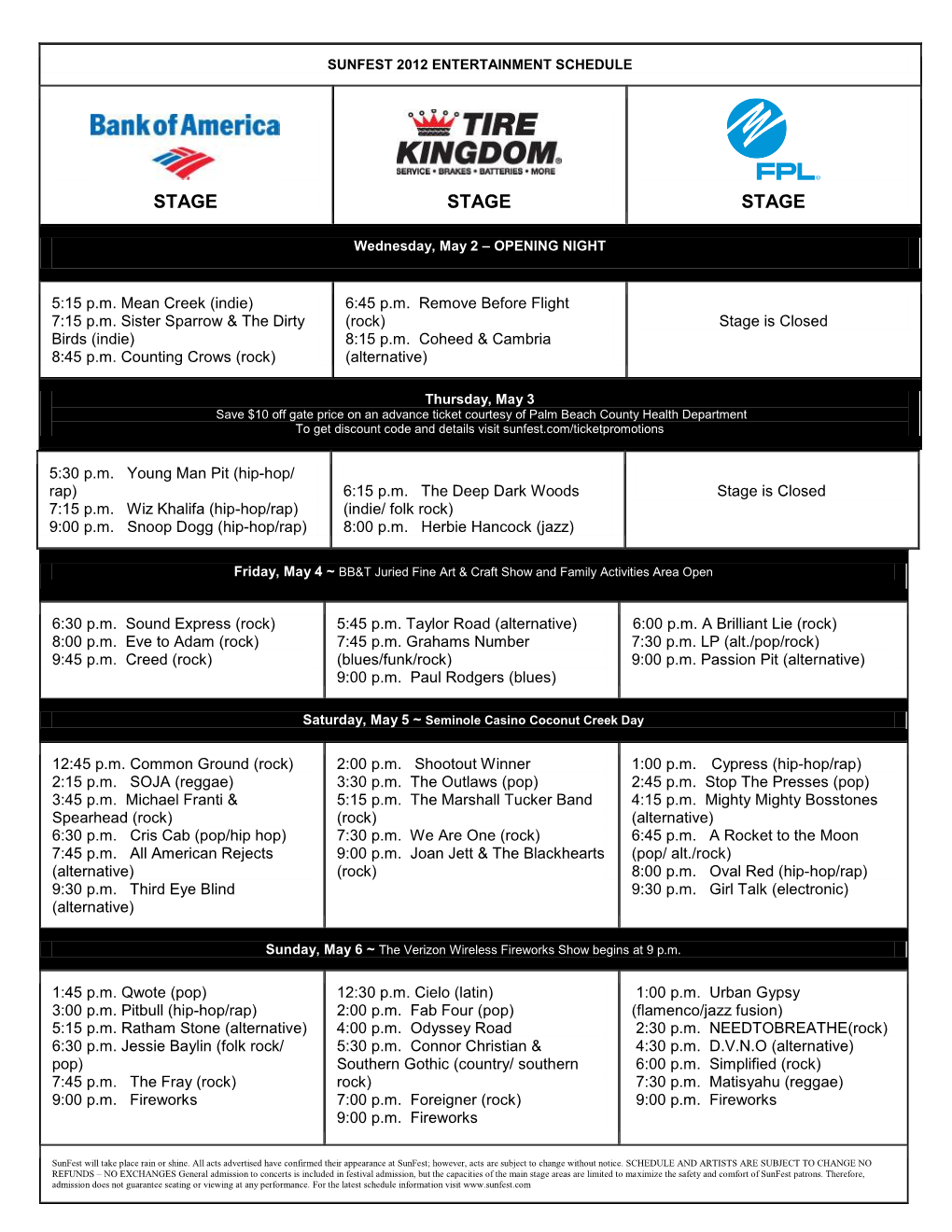 Sunfest 2006 Entertainment Schedule