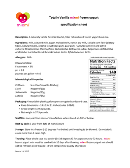 Totally Vanilla Mixmi Frozen Yogurt Specification Sheet