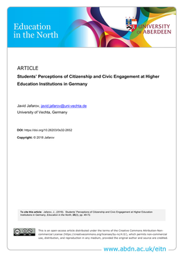 ARTICLE Students’ Perceptions of Citizenship and Civic Engagement at Higher Education Institutions in Germany