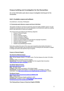 Unit 3: Available Corpora and Software