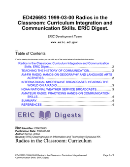 ED426693 1999-03-00 Radios in the Classroom: Curriculum Integration and Communication Skills