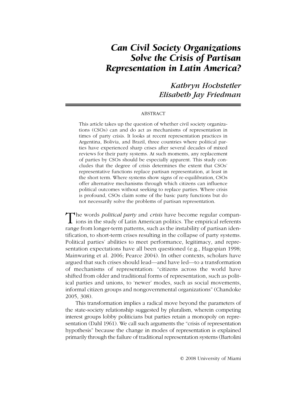 Can Civil Society Organizations Solve the Crisis of Partisan Representation in Latin America?