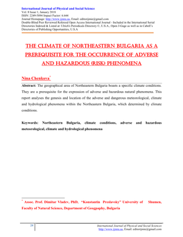 The Climate of Northeastern Bulgaria As a Prerequisite for the Occurrence of Adverse and Hazardous (Risk) Phenomena